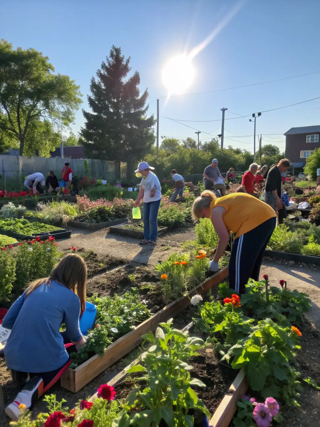 A group of people of different ages and backgrounds participating in a community gardening project, planting flowers and vegetables together.