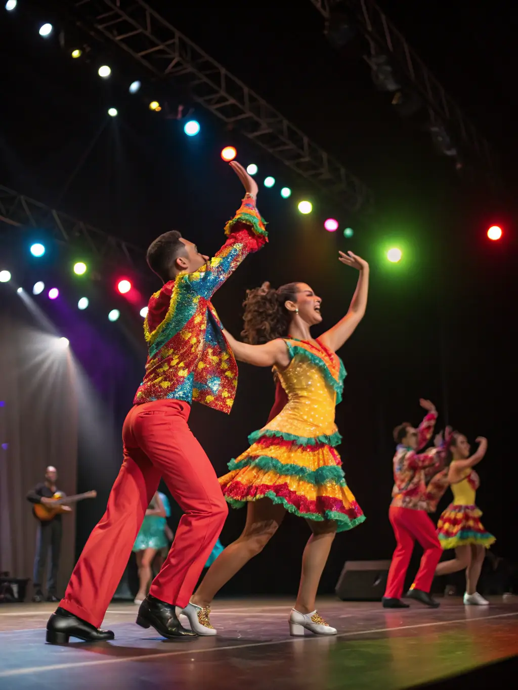 A dynamic photo of adults engaged in a lively salsa dancing class, capturing the energy and rhythm of the dance at CENTRE CULTUREL E AGOSTINI.