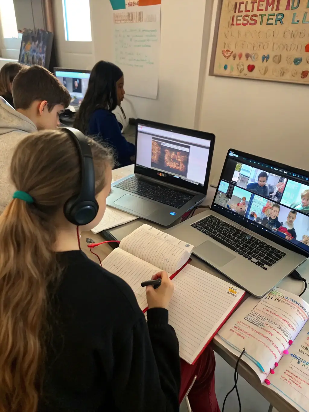 A focused image of participants attending a French language lecture, showing them actively taking notes and engaging with the instructor at CENTRE CULTUREL E AGOSTINI.