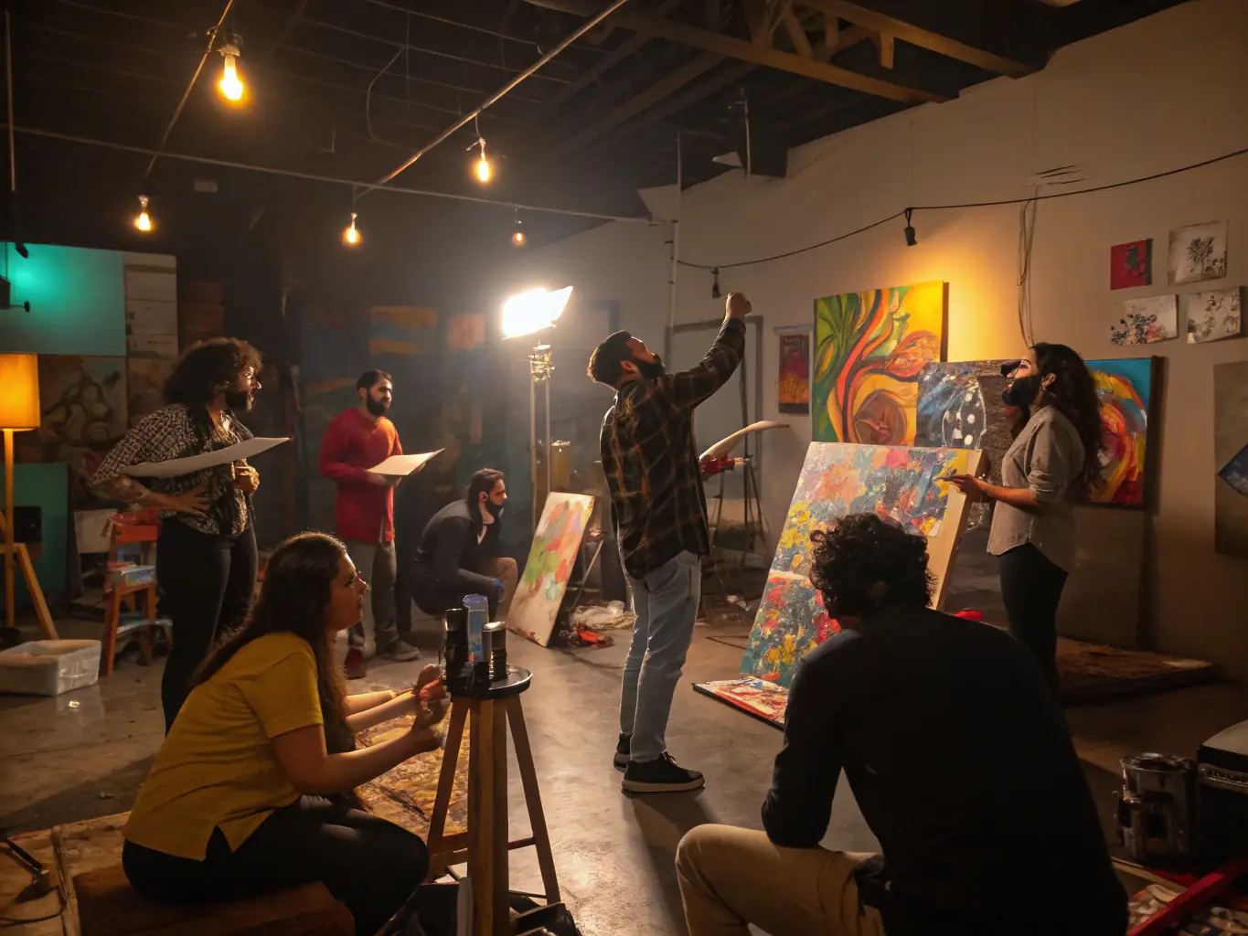 An image of participants engaged in a vibrant painting workshop with colorful supplies and smiling faces, showcasing a cultural and artistic workshop event.