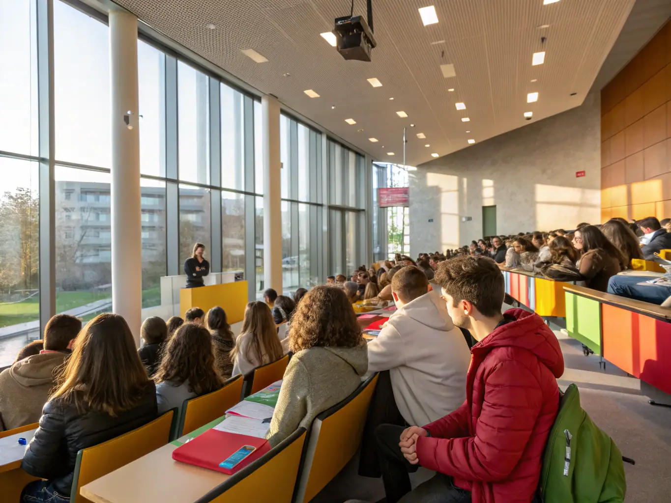An image of a diverse group of adults attending a lecture in a well-lit classroom setting, illustrating an educational course and lecture event.