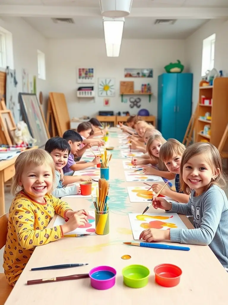 A vibrant image of children participating in a painting workshop, showcasing their colorful artwork and enthusiastic expressions at CENTRE CULTUREL E AGOSTINI.