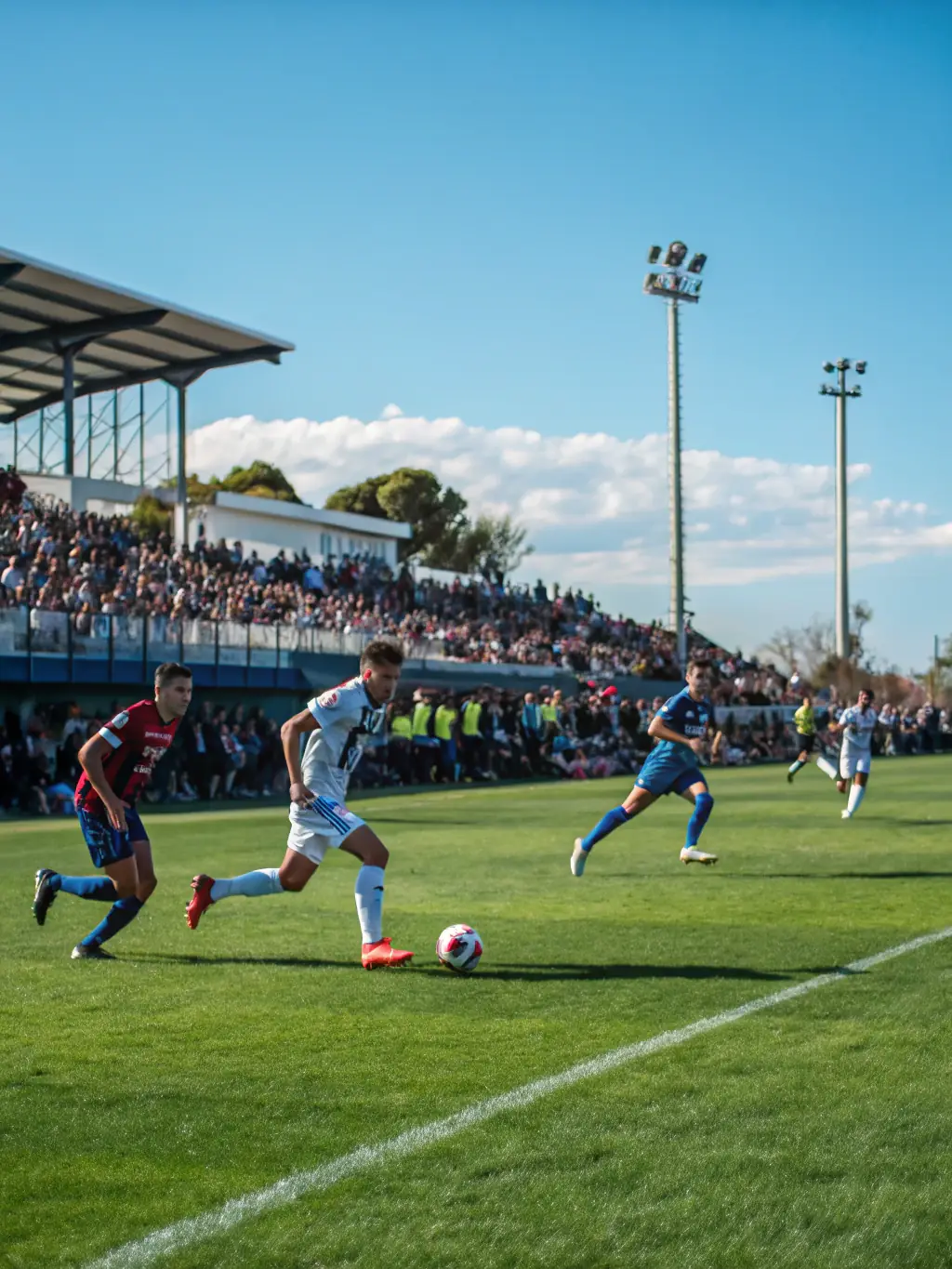 A lively image of children and adults playing soccer in an outdoor field with a scenic backdrop, representing the Sports and Recreational Programs.