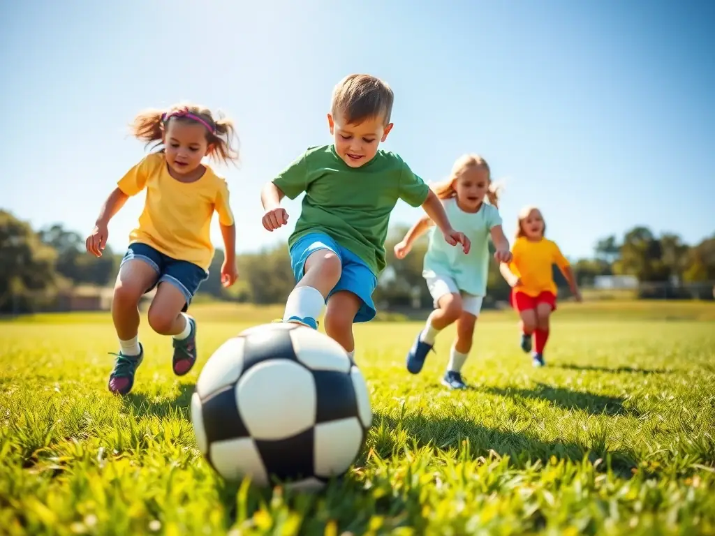 A lively image of children and adults playing soccer in an outdoor field with a scenic backdrop, representing a sports and recreational program event.