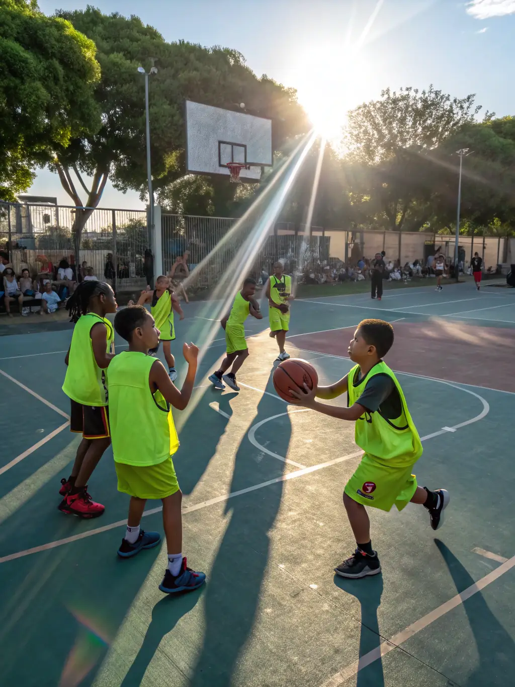 An action shot of a basketball game in progress, highlighting the teamwork and sportsmanship of the players at CENTRE CULTUREL E AGOSTINI.
