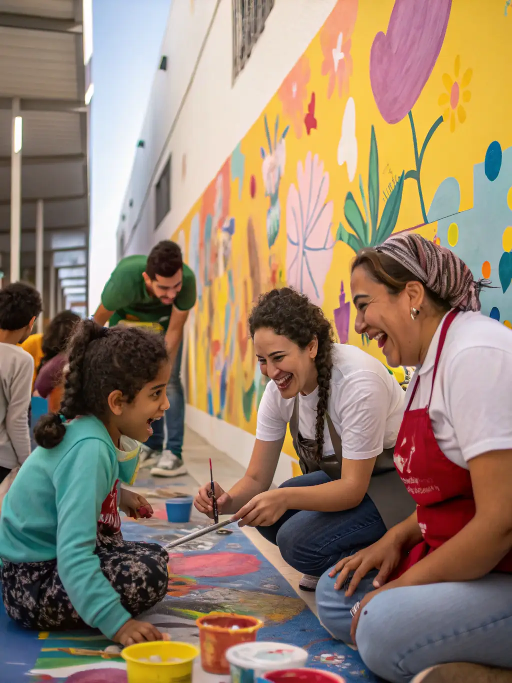 An image of participants engaged in a vibrant painting workshop with colorful supplies and smiling faces, representing the Cultural and Artistic Workshops program.